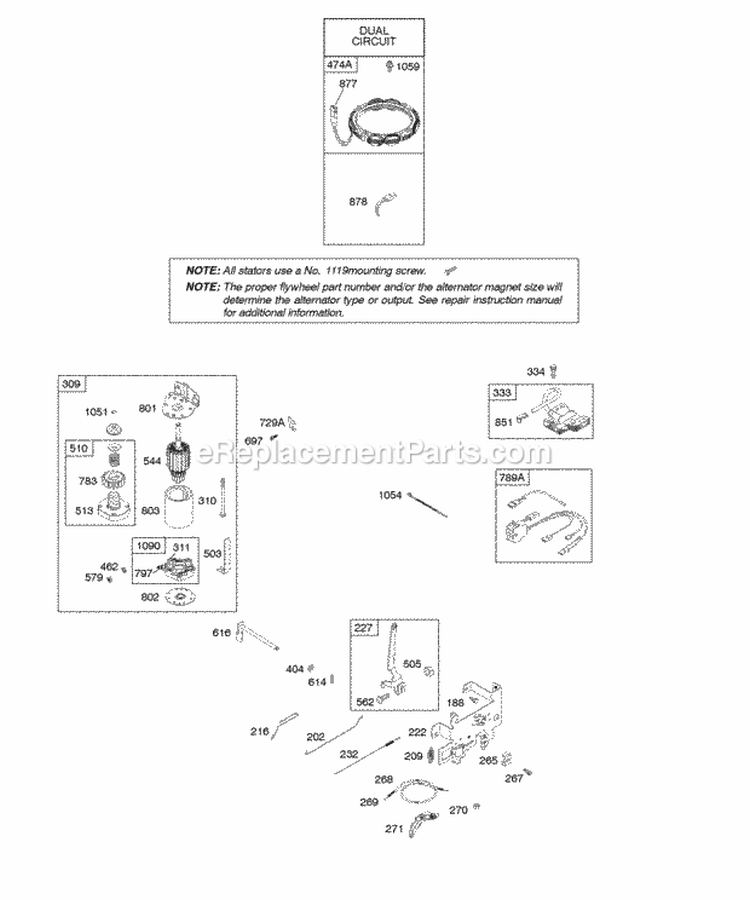 Alternator Controls Electric Starter Governor Spring Ignition Diagram and Parts List for 31X707-0777-E2  Briggs and Stratton Engine